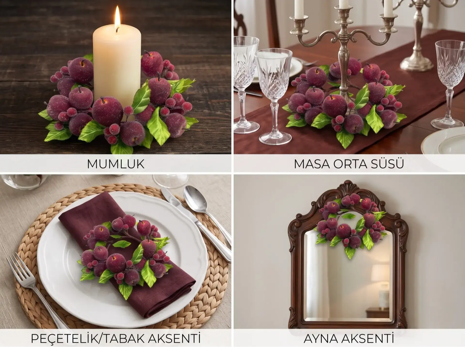Dekoratif Mum Halkası Bordo Elma Detaylı 16 cm Bordo Elma Detaylı Dekoratif Mum Halkası 16 cm