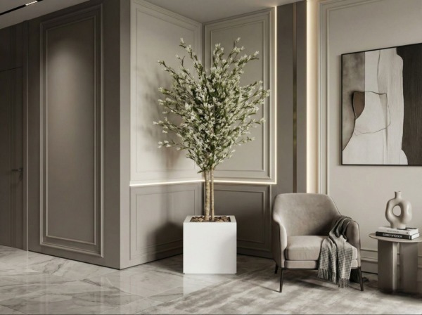 Büyük Yapay Ağaç Doğal Gövdeli Yapay Ağaç – 220 cm Beyaz Saksılı
