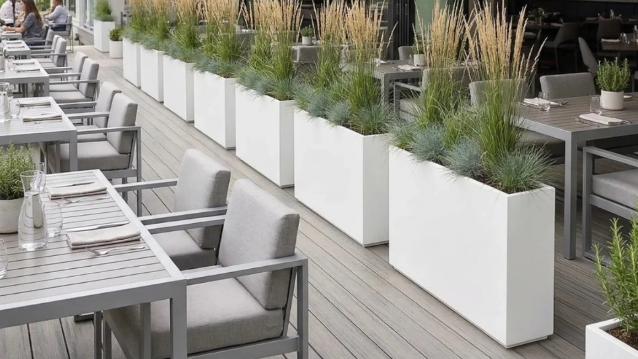 Restoran terasında beyaz dikdörtgen fiberglass saksılarla kurulan bölme