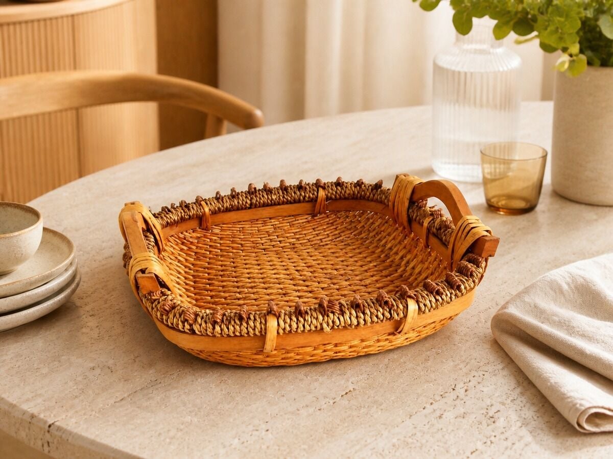 Hasır Sepet – Dikdörtgen Ahşap Kulplu Tepsi 41 × 32 × 9 cm Hasır Sepet – Dikdörtgen Ahşap Kulplu Tepsi 41 × 32 × 9 cm