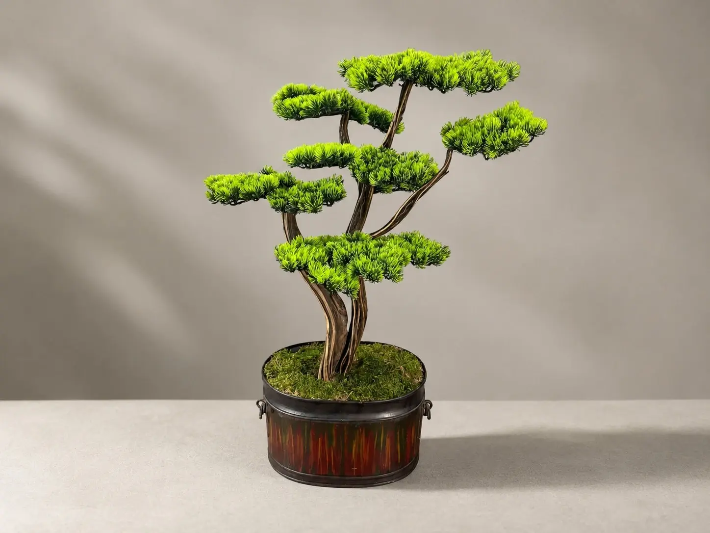 Yapay Bonsai Ağacı Doğal Gövdeli Eskitme Saksılı 100 cm Yapay Bonsai Ağacı Doğal Gövde 100 cm Dekoratif Eskitme Bakır Saksılı